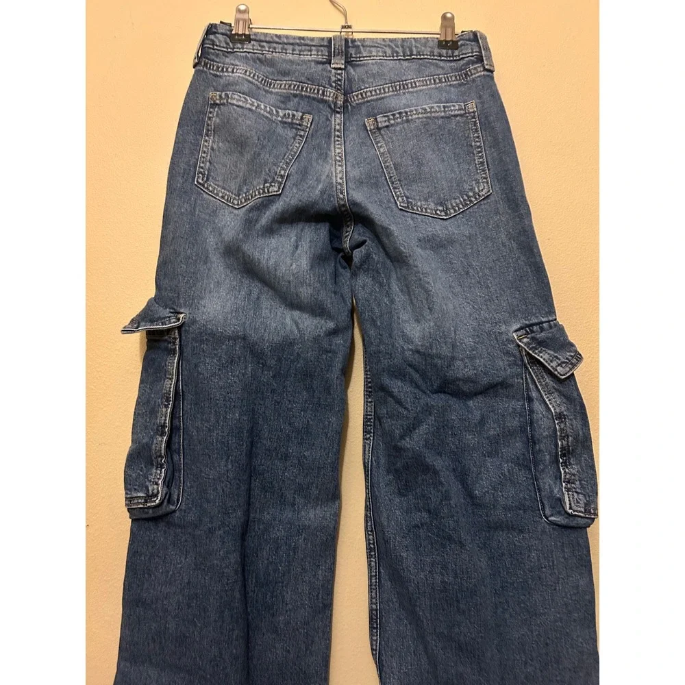 H&M Cargo Jeans Kids Size 14 Blue Excellent Wide Leg Low Waist Utilitarian Denim